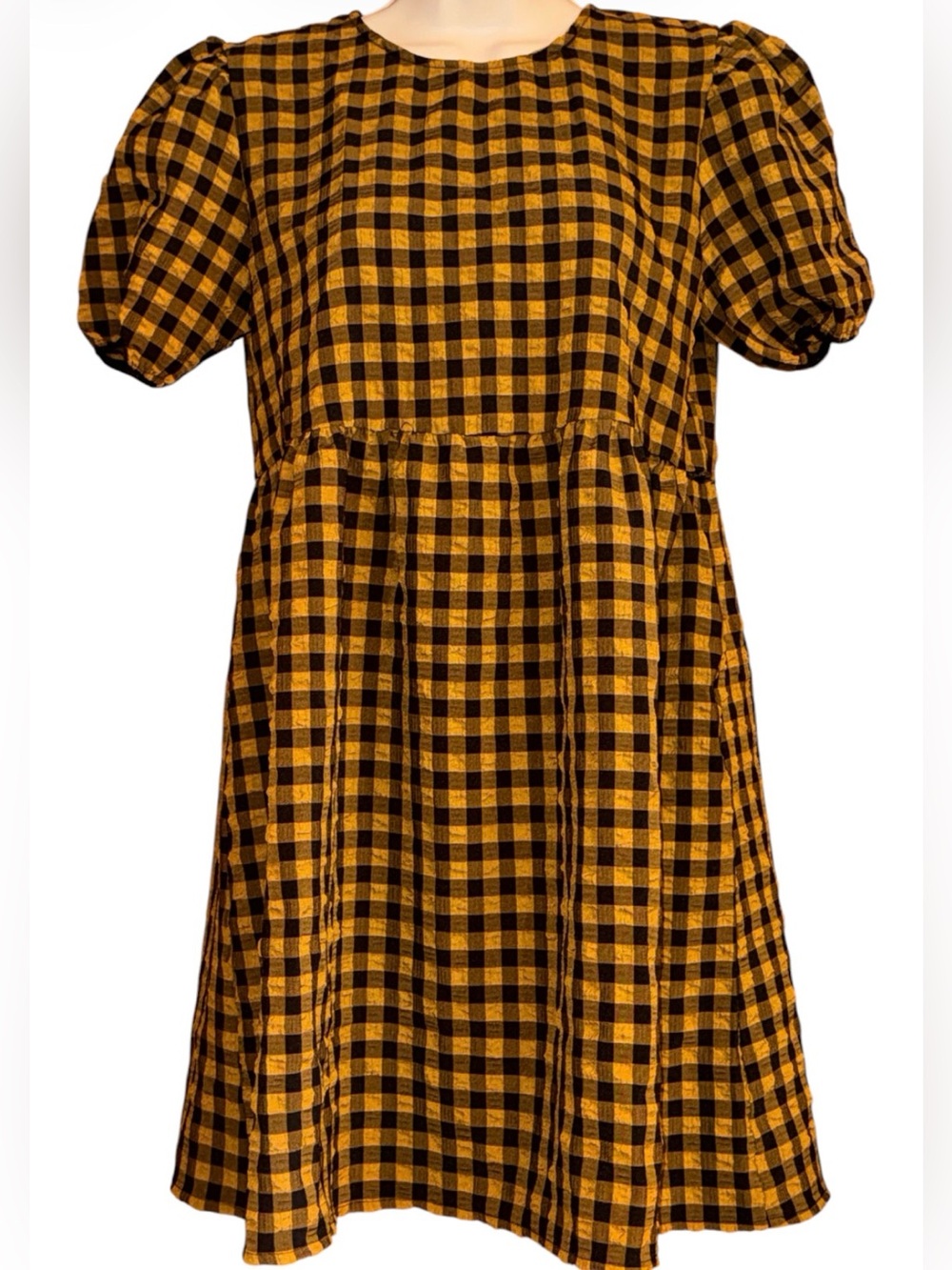 Wild Fable Mustard & Black Gingham Oversized Puff-Sleeve Babydoll Dress, Size XS